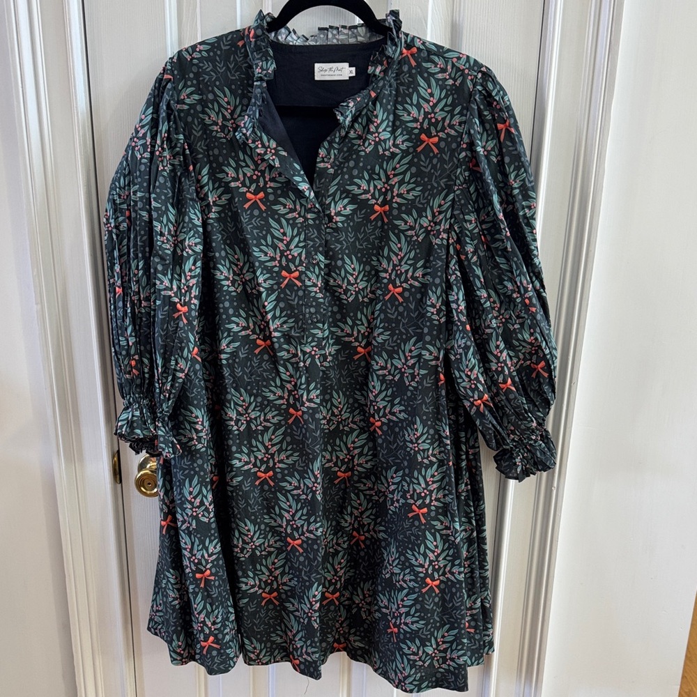 Sea New York Black Floral Bow-Print Puff-Sleeve Dress